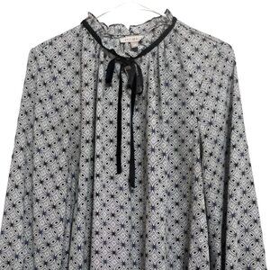 Roz & Ali Ruffle Neck Blouse Women's Size XL Black White Blue Geometric Print